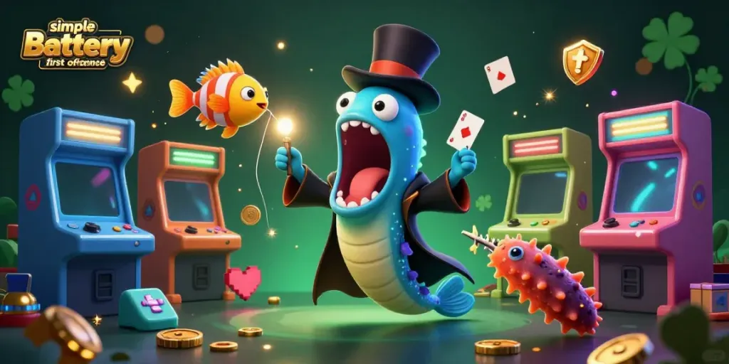 The lively scene showcases a 3D bioluminescent gulper eel performing card tricks, emphasizing simple battery Georgia first offense with vibrant casino elements around it.