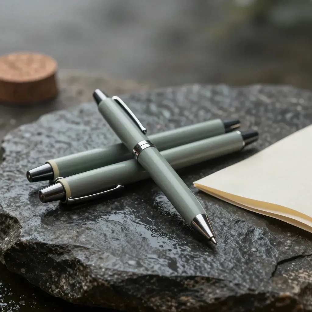 Hemp pen hero set on dark stone with refill, cork disk, and paper sleeve in rain mist.