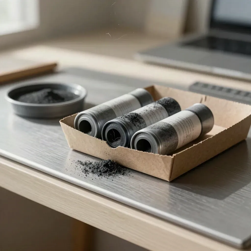 Four ink refills in a kraft tray with paper fibers and a graphite dish, lit softly from one side.