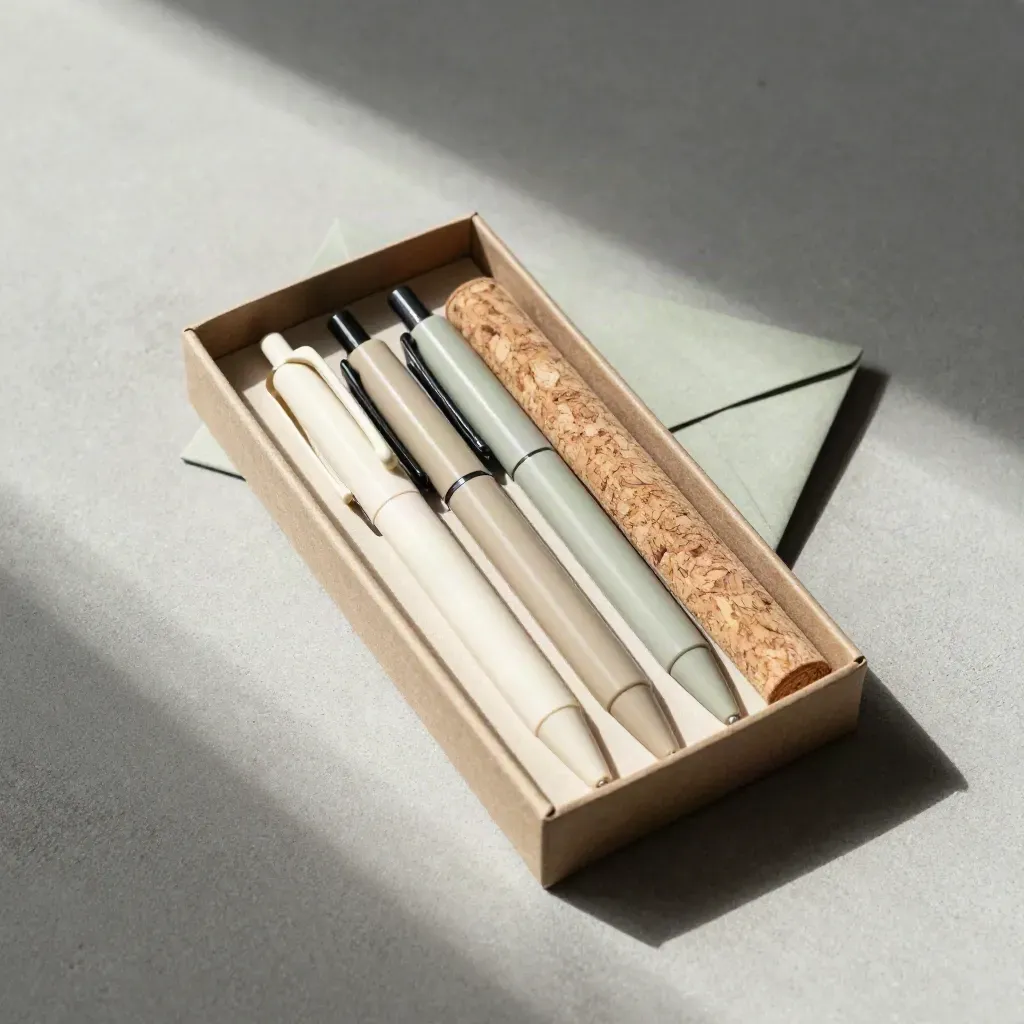 Open hemp pen gift set arranged in a precise overhead flatlay on pale concrete