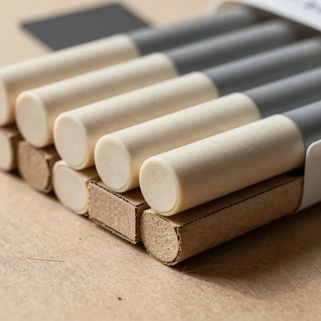 Macro of bundled hemp pens with blank bands and recycled board insert on textured paper.