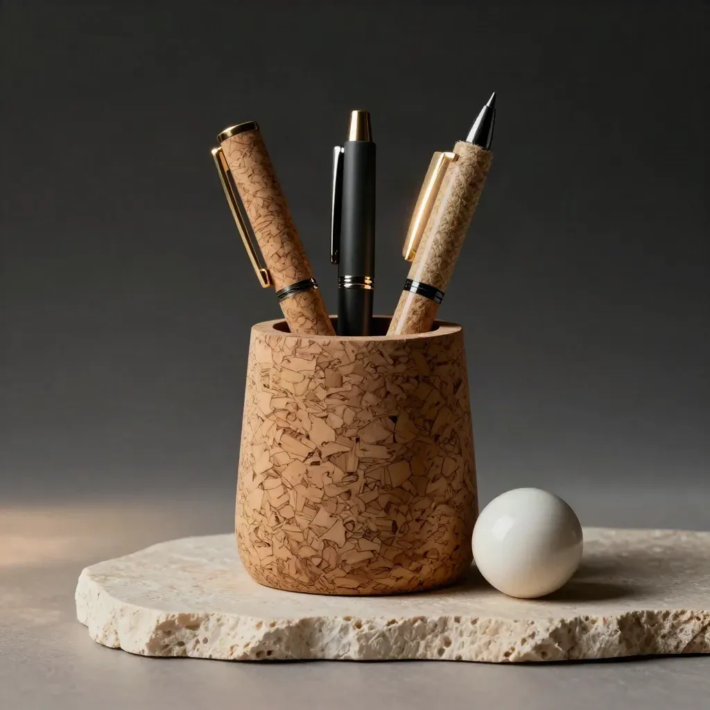 Cork pen cup with three hemp pens and a stone paperweight on a pale slab, lit dramatically