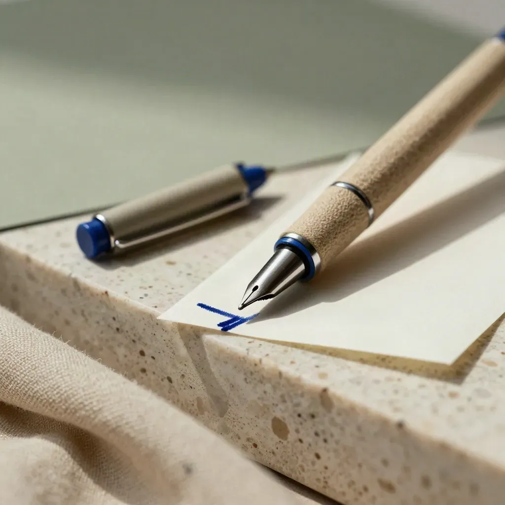 Blue ink hemp pen with spare refill and blotter sheet on travertine, fresh stroke visible.