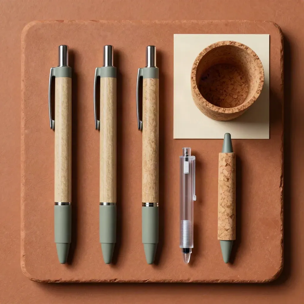Overhead flatlay of hemp pens, refills and a cork cup on terracotta clay.
