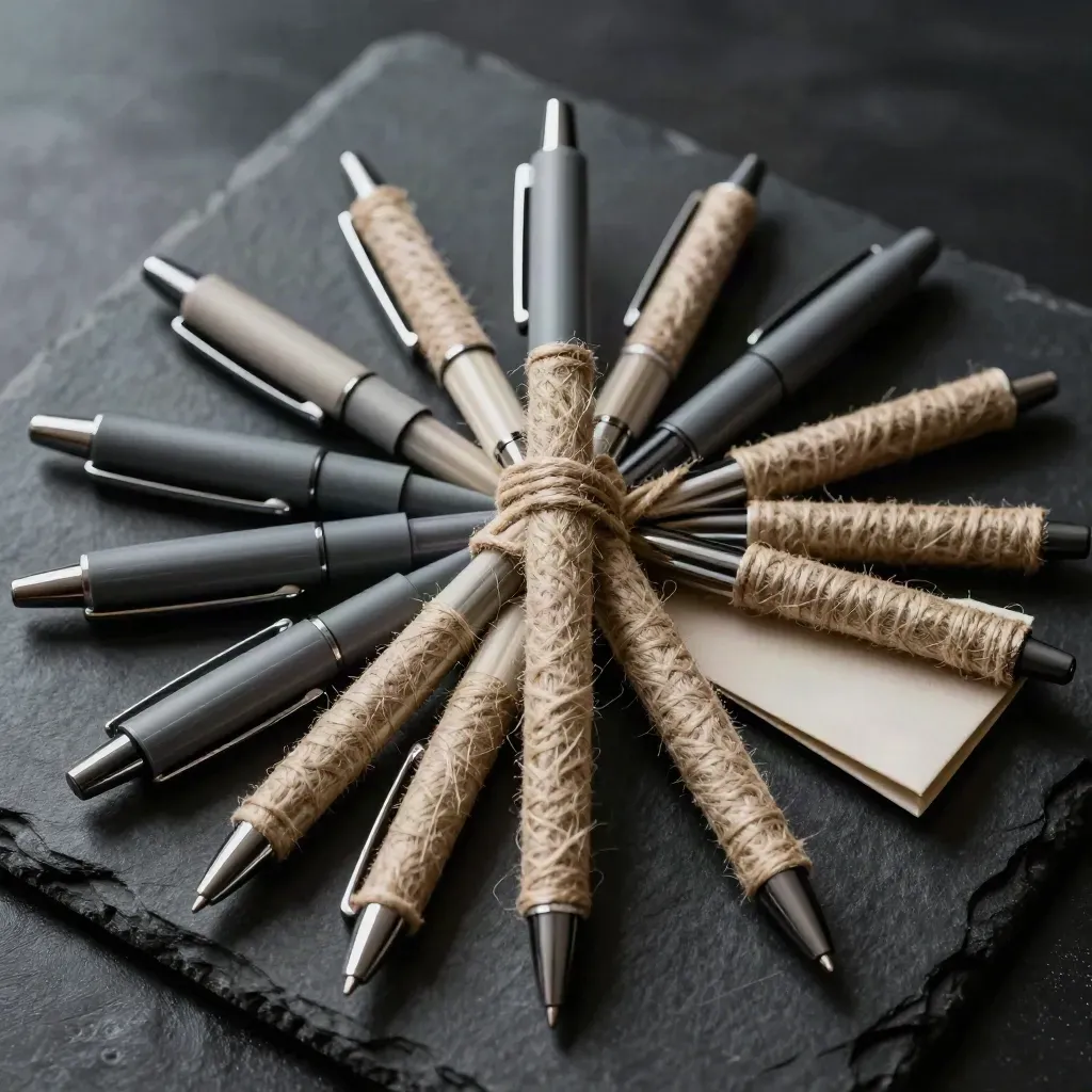 Macro fan of hemp and gel pens with refills on matte-black slate, lit like a dark product ad.