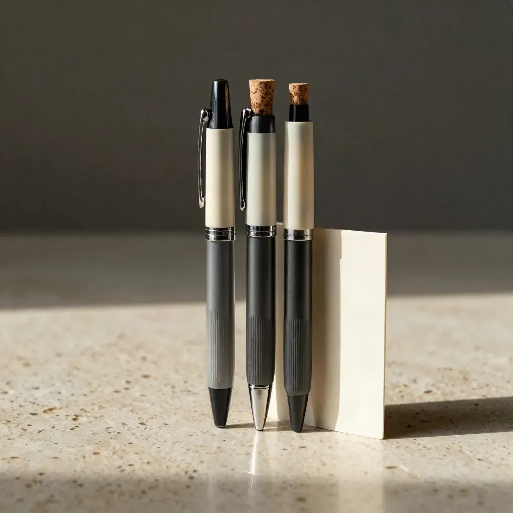 Three hemp pens with cork cap and refill sleeve on travertine, softly lit hero product shot.