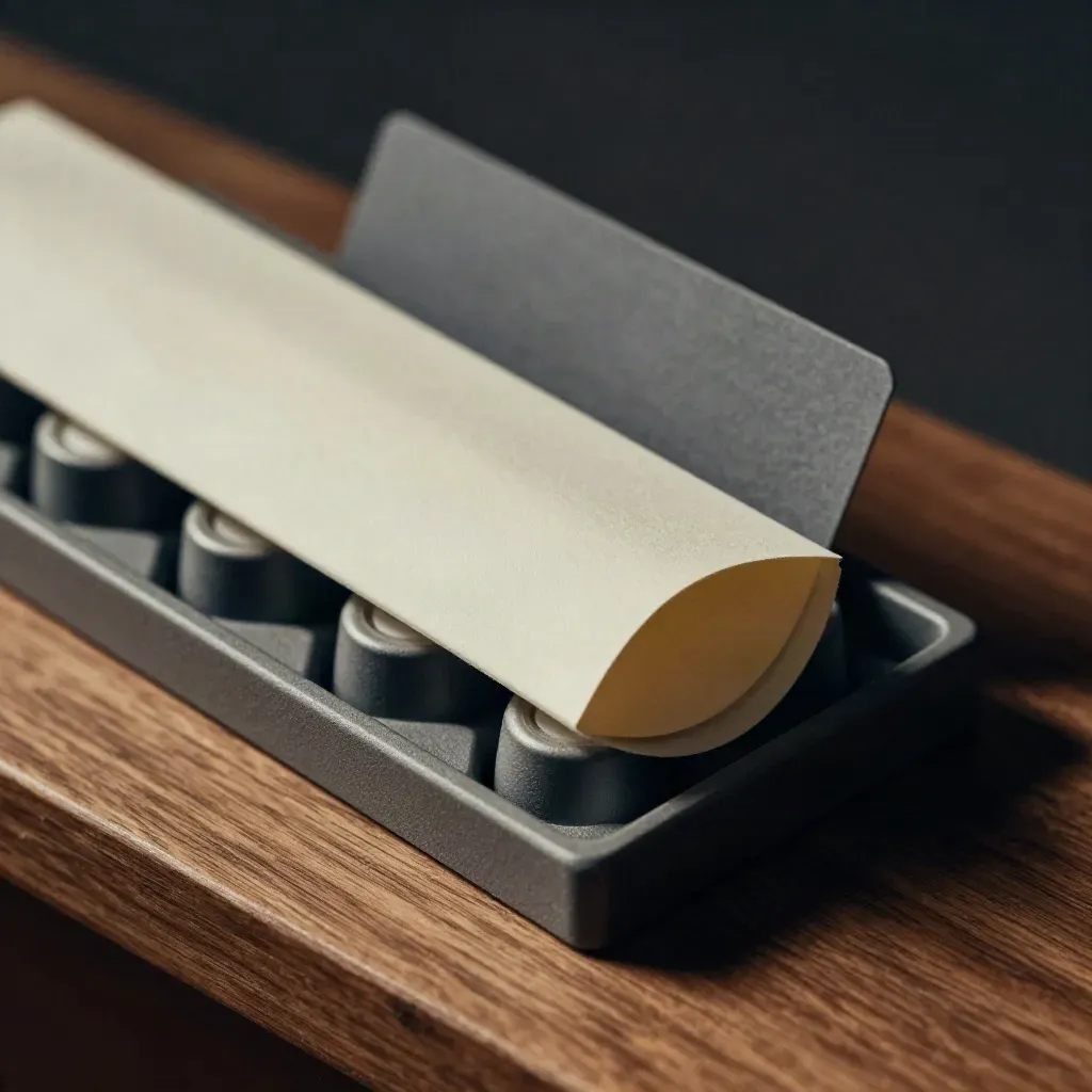 Macro of a refill pack with four dark refills in a graphite tray and cream sleeve.