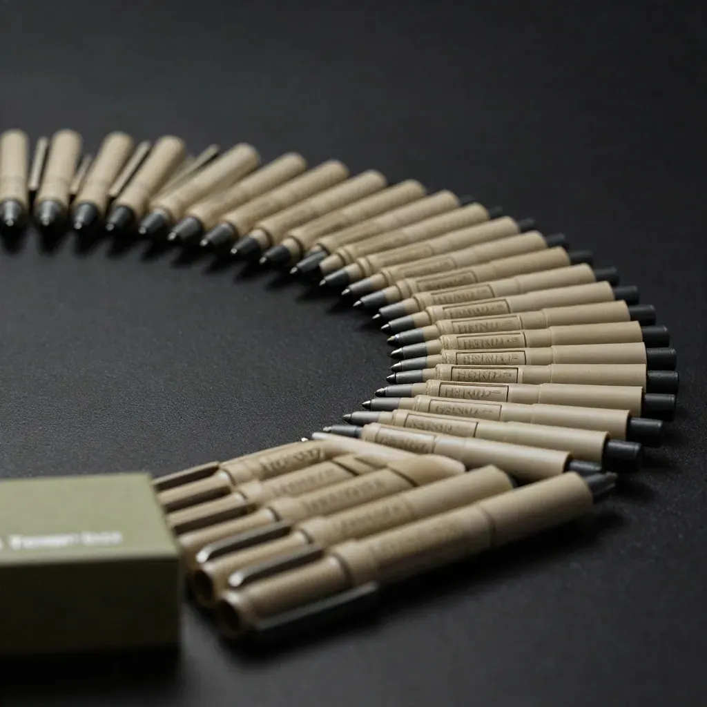Arc of hemp pens beside a small box on a dark studio surface