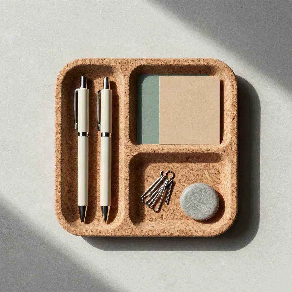 Overhead cork desk tray with hemp pens, clips and a stone accent on concrete.