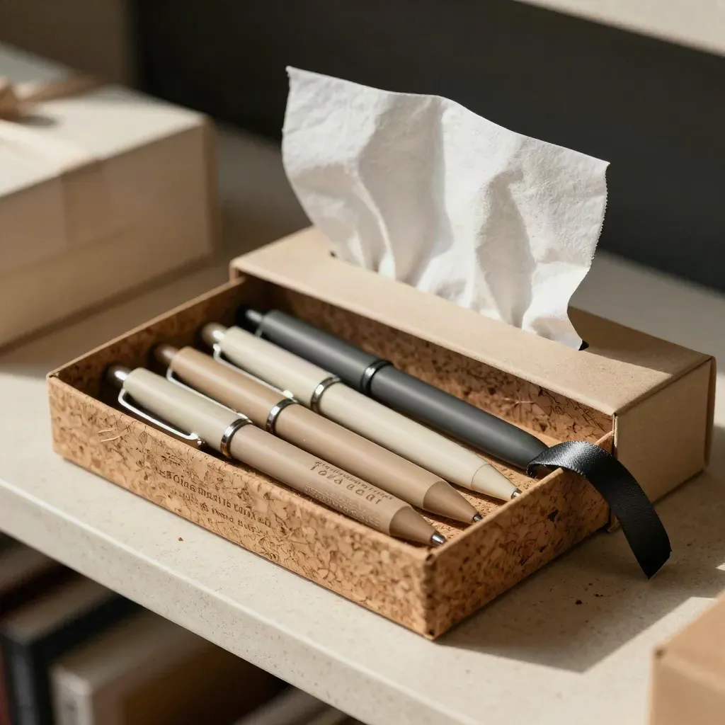 Open hemp gift pen box with five pens, tissue curl, and cork insert on travertine.