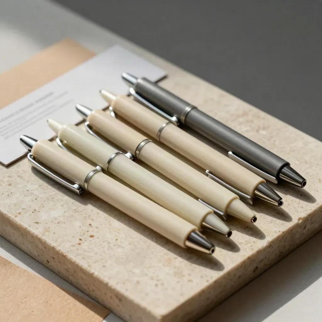 Five recycled clip pens in a stepped row on a limestone plinth with soft packaging