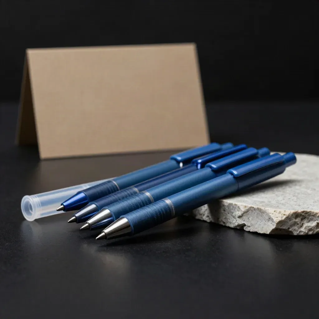 Four blue gel pens with refill tube on a stone slab in a dark studio