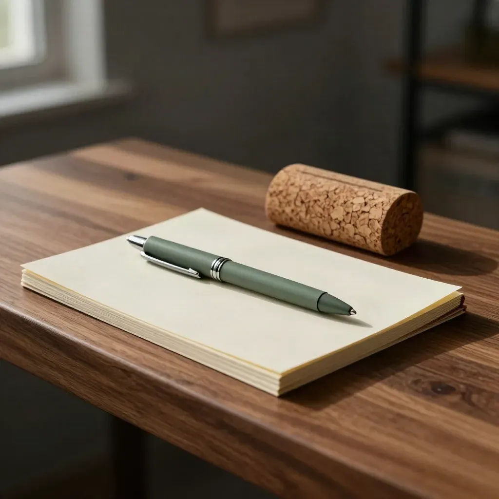 Hemp note kit with pen, pad, cork holder and paper sleeve on a walnut ledge in soft dusk light.