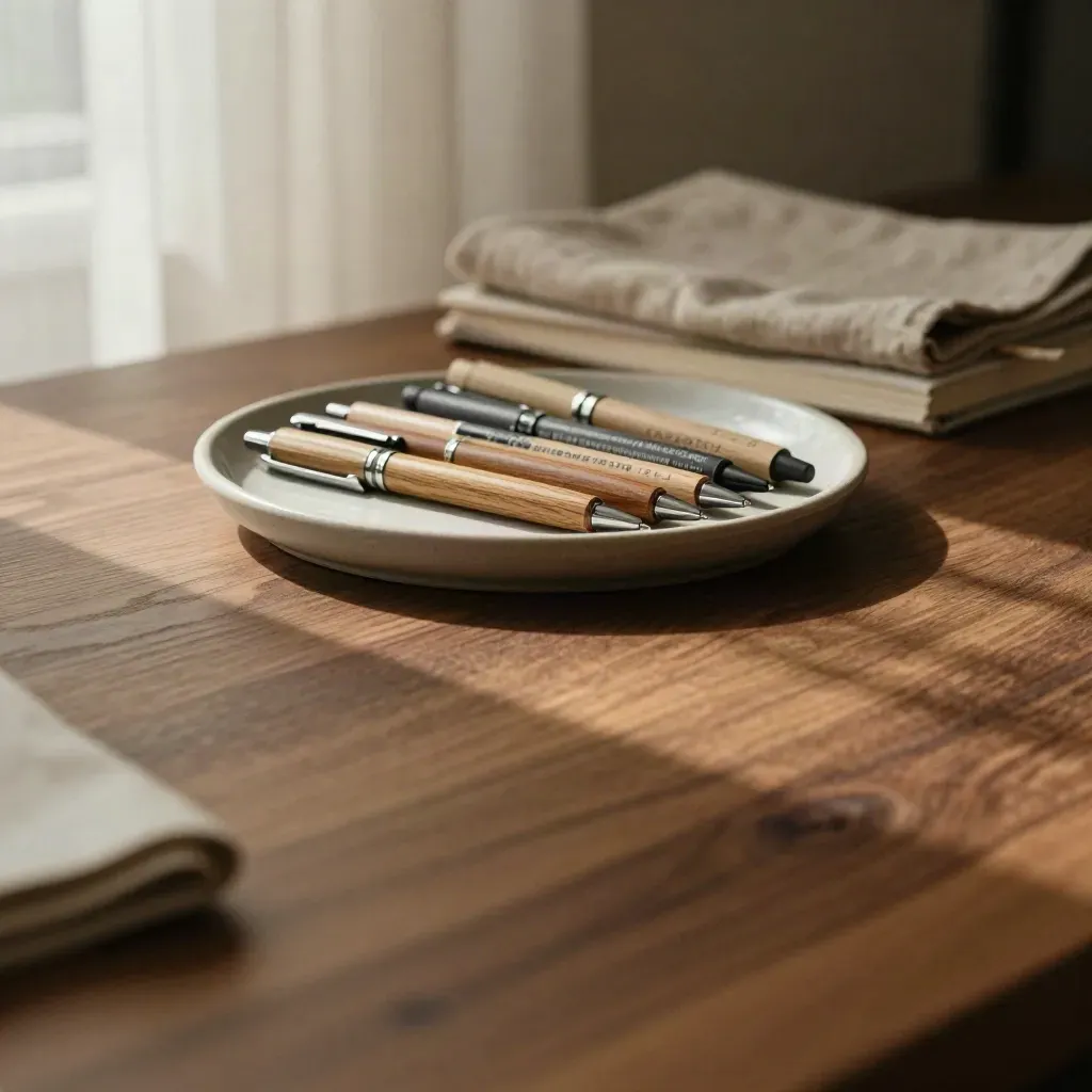 Hemp pens in a ceramic tray on a sunlit oak table, with linen curtains and blurred notebooks above.