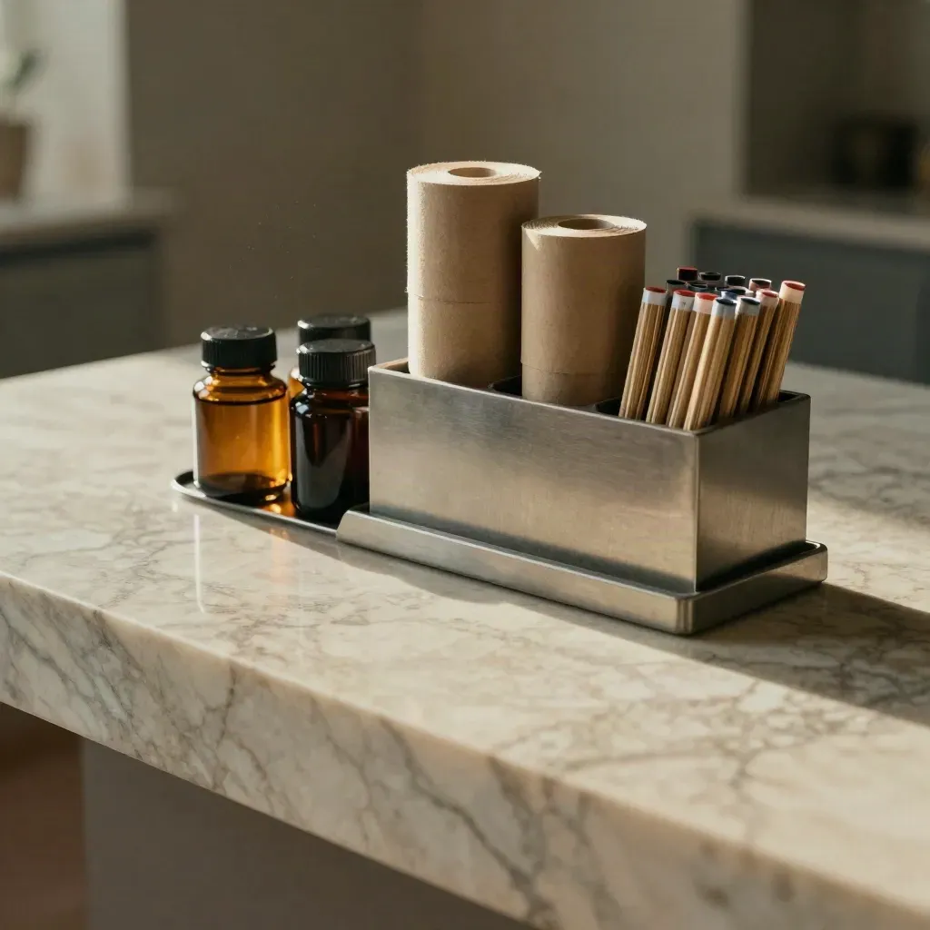 Marble refill station with glass jars and hemp pen supplies in soft morning light.